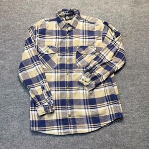 Polar‎ King Flannel Shirt Jacket Mens LT Blue Tan Plaid Snap Buttons Work Heavy